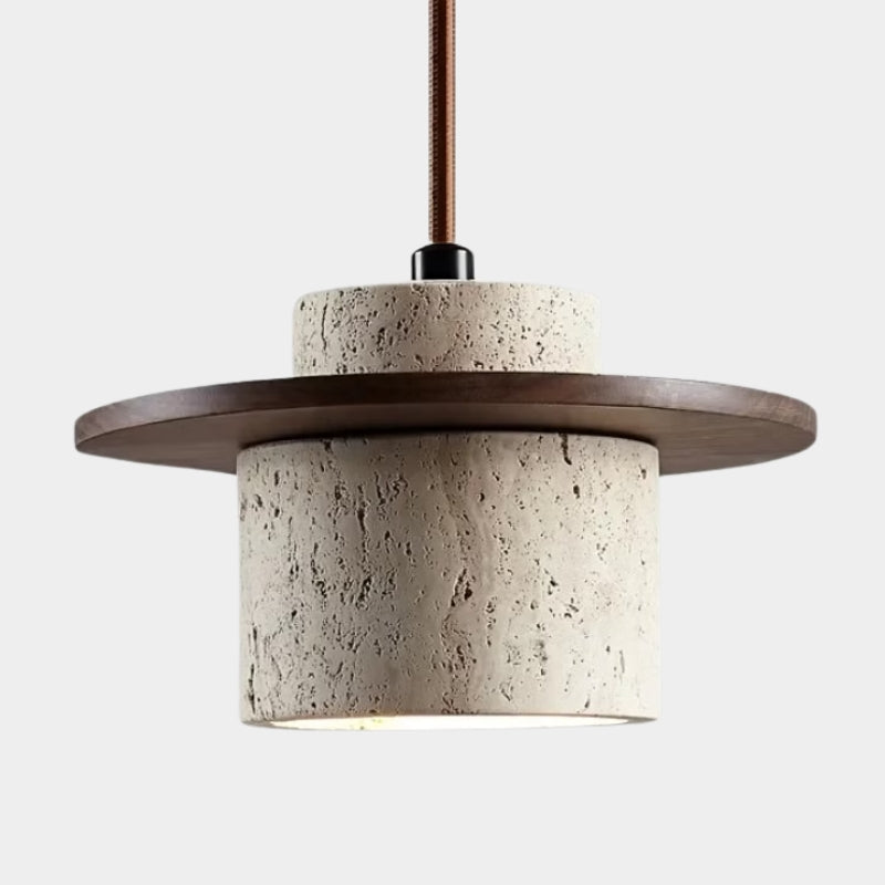 Plafonnier LED suspendu en pierre travertin et en bois naturel - Altara