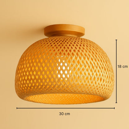 Luminaire plafonnier en bambou et rotin avec base en bois - Néphélè