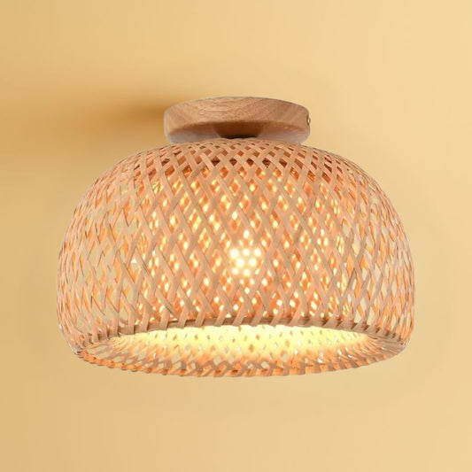 Luminaire plafonnier en bambou et rotin avec base en bois - Néphélè