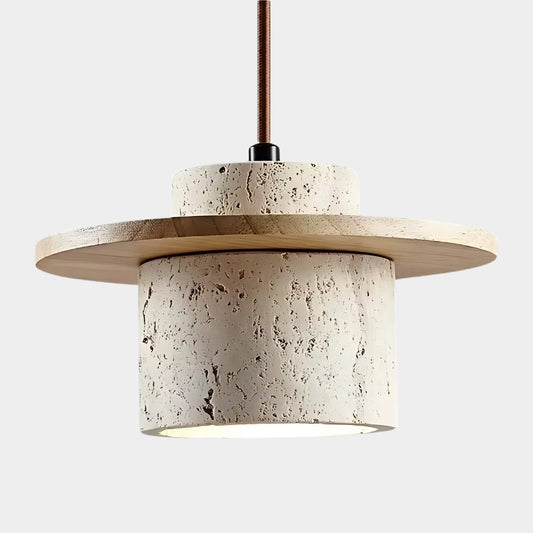 Plafonnier LED suspendu en pierre travertin et en bois naturel - Altara